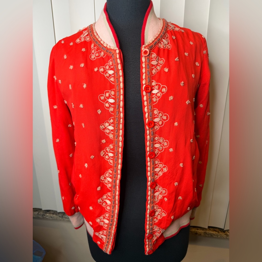 Anthropologie Floral Embroidered Bomber Jacket Red Orange Boho Festival Size XS